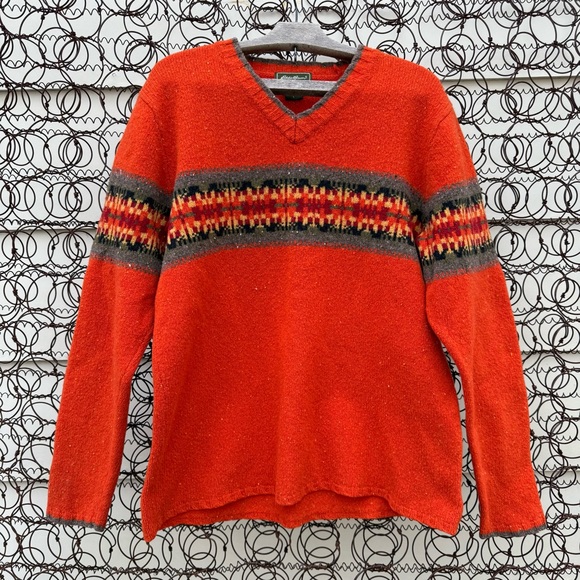VTG 90s Eddie Bauer Lambs Wool Orange Fair Isle Stripe Gorpcore Sweater LG Tall - Picture 1 of 8